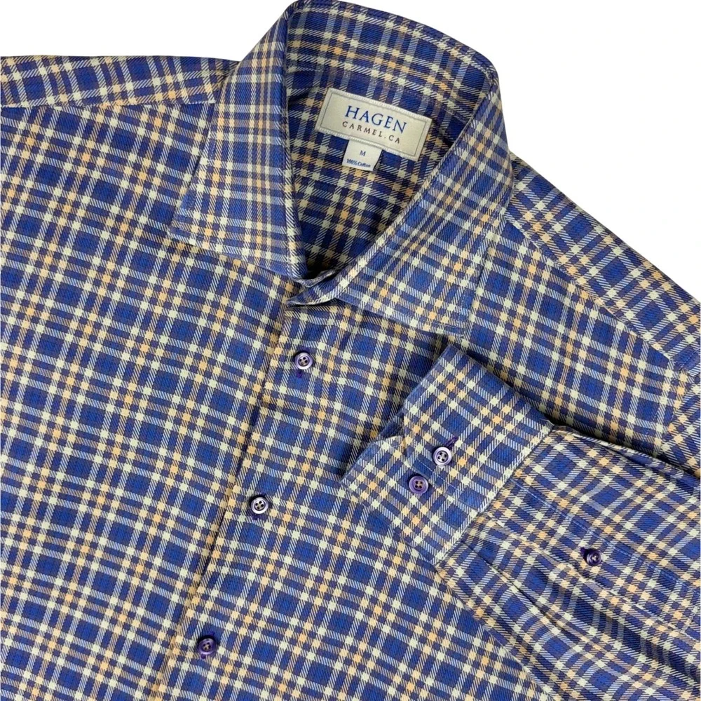 Hagen Carmel CA Plaid Button Up Shirt Preppy Mens M Blue Yellow Office Timeless